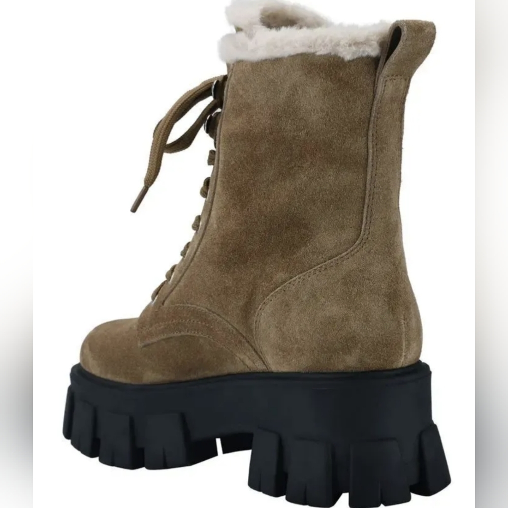 NIB Marc Fisher Happier suede medium brown black lug sole faux fur lined lace up - Picture 2 of 9
